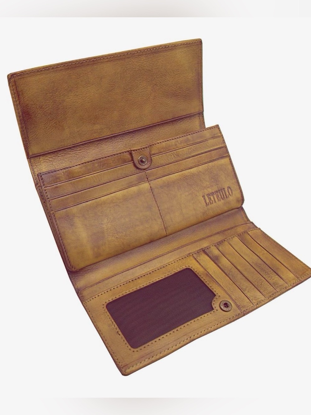 Tan Leather Women's Tri Fold Wallet - Slim Organizer with Card Slots